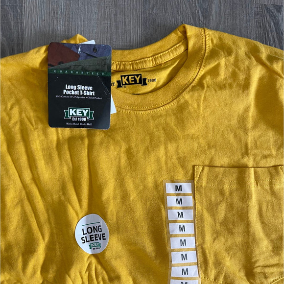 KEY Men's Mustard Yellow Crew Neck Heavyweight Long Sleeve Pocket T-Shirt - M - Picture 2 of 6
